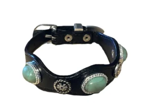 Silver Concho Black Leather Turquoise Bracelet USA with turquoise stones.