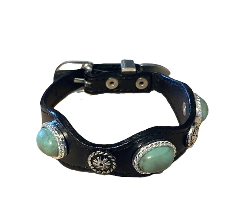 Silver Concho Black Leather Turquoise Bracelet USA with turquoise stones.