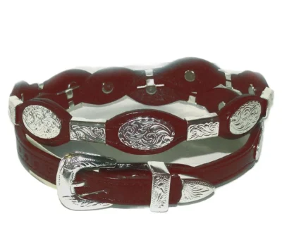 cherry brown leather hat band with oval and ferrules silver buckle.