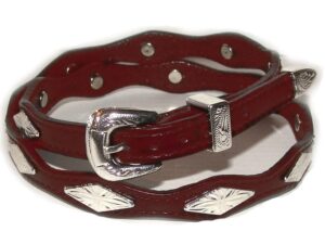 A Cherry Brown Scalloped Leather Silver Diamond Buckle Hat Band with silver studs.
