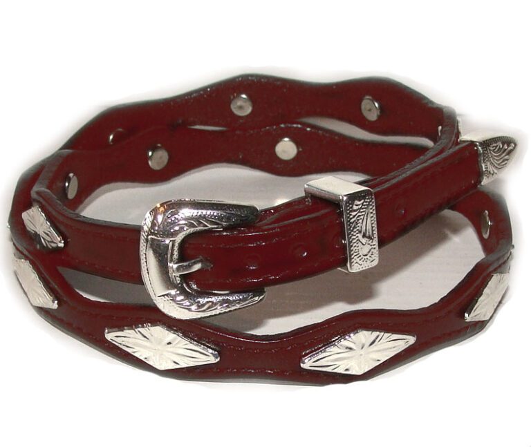 A Cherry Brown Scalloped Leather Silver Diamond Buckle Hat Band with silver studs.