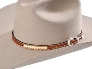 A cowboy hat with a Brown Woven Basket weave leather Rawhide hat band on a white background.