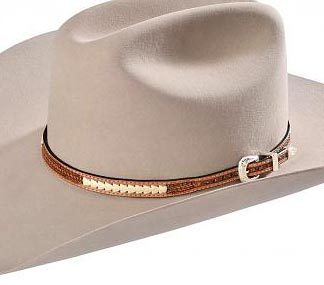 A cowboy hat with a Brown Woven Basket weave leather Rawhide hat band on a white background.