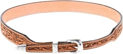 <div class="qsc-html-content"> Buckskin tooled leather Silver buckle cowboy hat band <ul> <li>100% leather</li> <li>Silver buckle</li> <li>1/2" wide fits up to 25"</li> <li>USA MADE</li> </ul> </div> <strong>Condition:</strong> New Ships approximately 5-9 business days. •