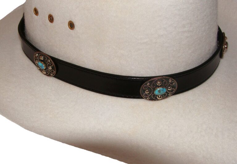 A Black leather Turquoise Oval Silver Buckle hat band with turquoise and silver accents.