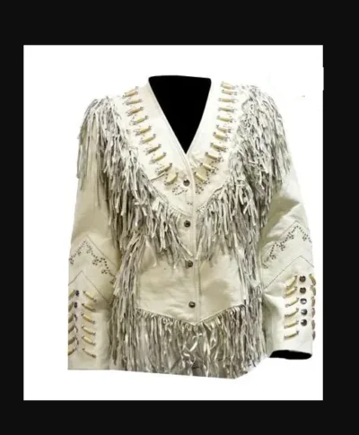 Bone Beaded Off White Leather Womens Fringe Western Jacket <li>Full fringe</li> <li>Bone accents</li> <li>Silver studs and beads</li> <li>Button down snaps</li> •