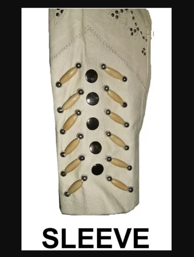 Bone Beaded Off White Leather Womens Fringe Western Jacket <li>Full fringe</li> <li>Bone accents</li> <li>Silver studs and beads</li> <li>Button down snaps</li> •