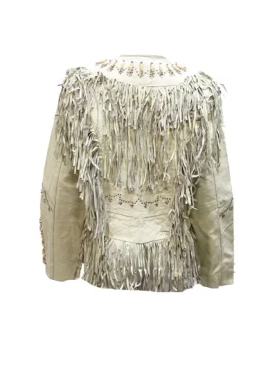 Bone Beaded Off White Leather Womens Fringe Western Jacket <li>Full fringe</li> <li>Bone accents</li> <li>Silver studs and beads</li> <li>Button down snaps</li> •