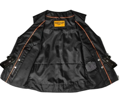 Womens Concealed Carry Black Leather Western Concho Vest <li>CONCEALED CARRY</li> <li>Silver conchos</li> <li>Gun pockets</li> <li>SMOOTH NAKED LEATHER</li> •