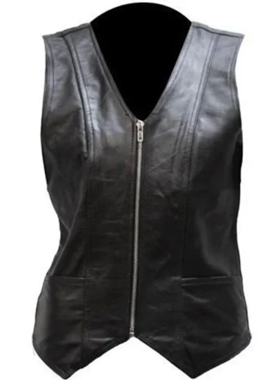 Womens Smooth Zippered Black Leather Concealed Carry Vest <li>Genuine Soft Touch Leather</li> <li>Zip Up Vest</li> •