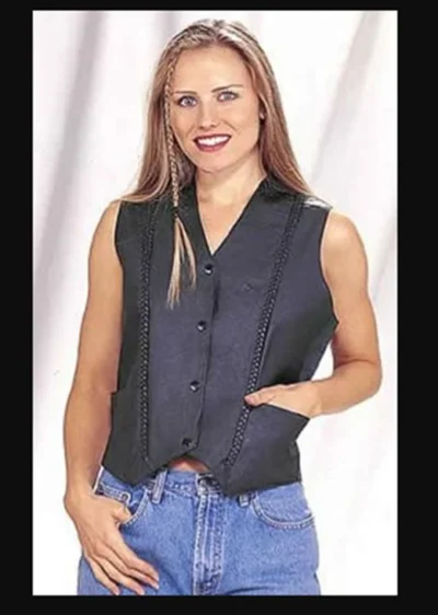 Black Braided leather womens western vest <li>100% LEATHER</li> <li>Braided side accents</li> •
