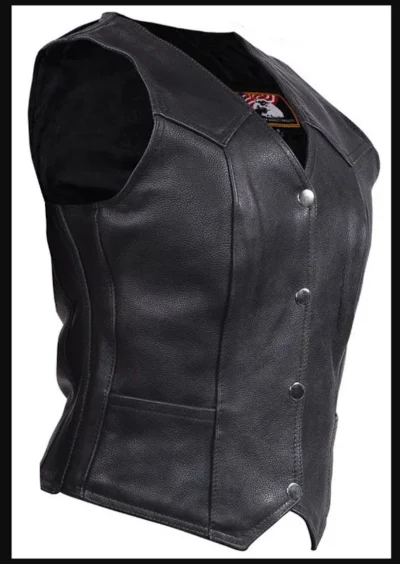 Womens Black Leather Traditional Western Vest <li>100% leather</li> <li>2 interior slip pockets</li> <li>XS-6XL</li> •