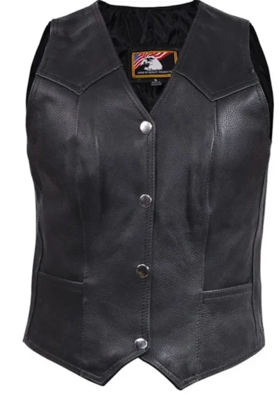Womens Black Leather Traditional Western Vest <li>100% leather</li> <li>2 interior slip pockets</li> <li>XS-6XL</li> •