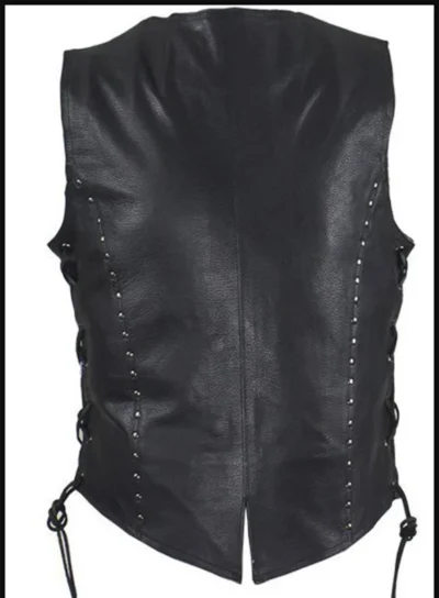 Womens Concealed Carry Black Leather Studded Vest <li>CONCEALED CARRY</li> <li>Top Grade Soft Touch Leather</li> <li>Zip Front</li> <li>Silver Studs</li> <li>XS - 5XL</li> •