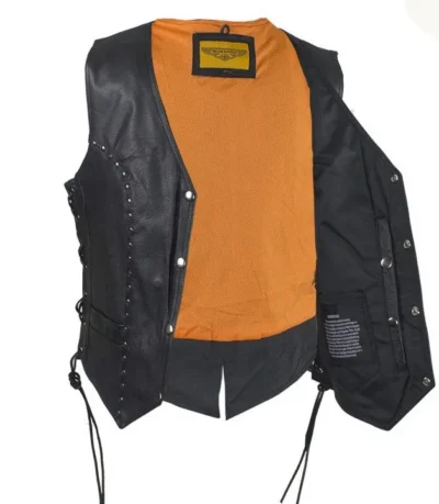 Womens Concealed Carry Black Leather Studded Vest <li>CONCEALED CARRY</li> <li>Top Grade Soft Touch Leather</li> <li>Zip Front</li> <li>Silver Studs</li> <li>XS - 5XL</li> •