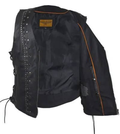 Womens Leather Satin Nickel Stud Concealed Carry Vest <li>CONCEALED CARRY</li> <li>Nickel studs</li> <li>Gun pockets</li> <li>Zip front</li> •