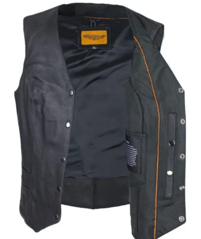 Womens Concealed Carry Minimalist Black Leather Vest <li>CONCEALED CARRY</li> <li>Soft Touch Leather</li> <li>button front</li> <li>S - 5XL</li> •