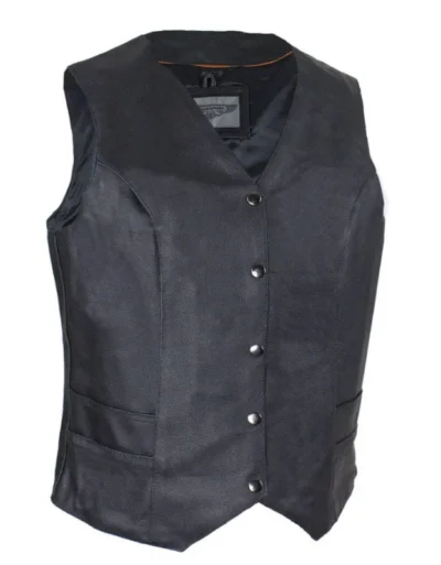 Womens Concealed Carry Minimalist Black Leather Vest <li>CONCEALED CARRY</li> <li>Soft Touch Leather</li> <li>button front</li> <li>S - 5XL</li> •
