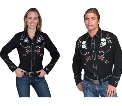 skull and rose embroidered western shirts