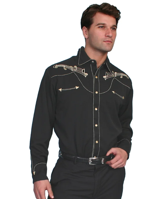 A man wearing a Mens "Western Tones" Black pipe western shirt by Scully.
