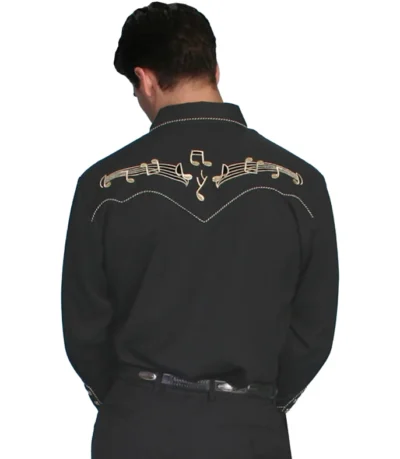 The back of a man wearing a Mens "Western Tones" Black pipe western shirt by Scully.