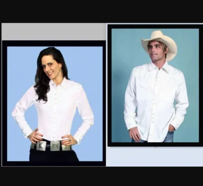 A man and woman wearing the Men's "Gunfighter Wedding" White western shirt by Scully and cowboy hats.