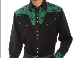 A man wearing the "Emerald Gunfighter" Mens Scully Green & Black Cowboy Shirt.