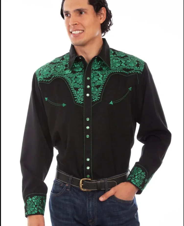 A man wearing the "Emerald Gunfighter" Mens Scully Green & Black Cowboy Shirt.