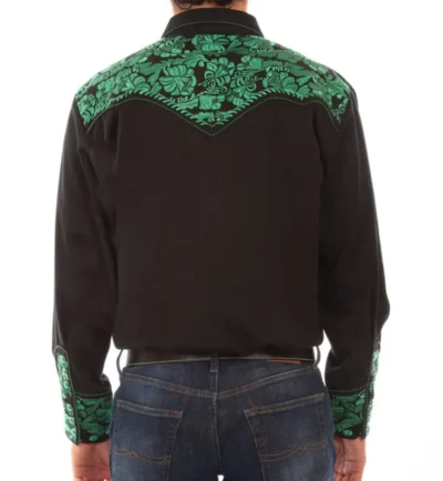 The back view of a man wearing an "Emerald Gunfighter" Mens Scully Green & Black Cowboy Shirt.
