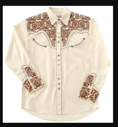 A white and brown Men's "Natural Gunfighter" Western shirt by Scully with embroidered designs, perfect for men looking to add a touch of style to their wardrobe.