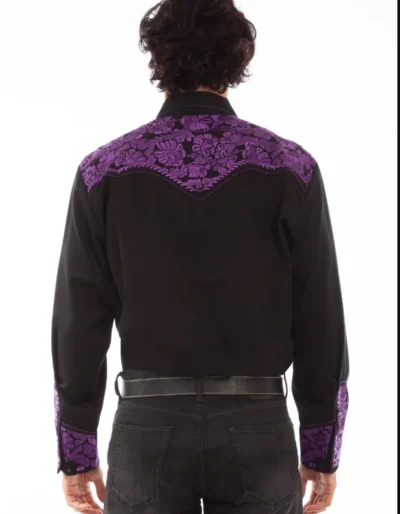 The back view of a man wearing a Purple Poison Scully Mens Black & Purple Western Shirt.