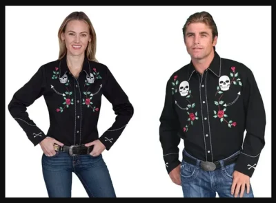 A man and woman wearing the "Skull and Roses" Men's western embroidered shirts.