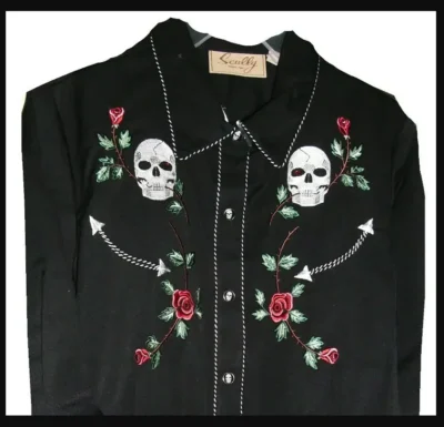 A "Skull and Roses" men's black shirt with skull embroidery.