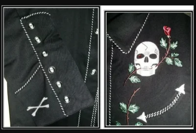 A "Skull and Roses" men's western embroidered shirt with a skull and rose embroidered on it.