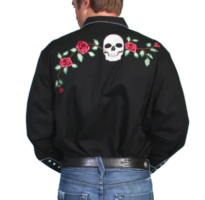 A man wearing a "Skull and Roses" Men's western embroidered shirt.