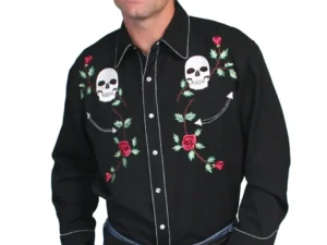 A man wearing the "Skull and Roses" men's western embroidered shirt.