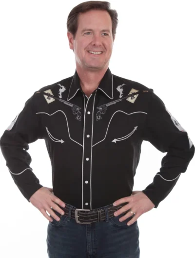 A man wearing the "Ghost Shootin Aces" Mens Scully black embroidered western shirt and jeans.