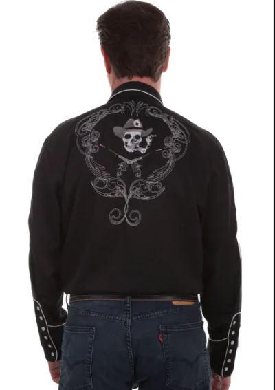 A man sporting the "Ghost Shootin Aces" Mens Scully Black Embroidered Western Shirt.