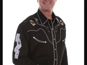 A man wearing a "Ghost Shootin Aces" Men's Scully Black Embroidered Western Shirt.