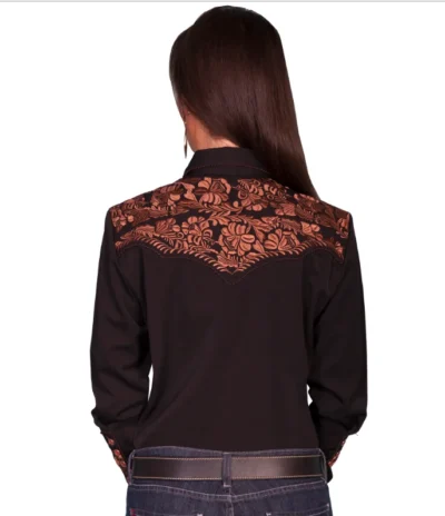 The back view of a woman wearing the Big Iron Scully Womens Black Embroidered Western Shirt with snaps.