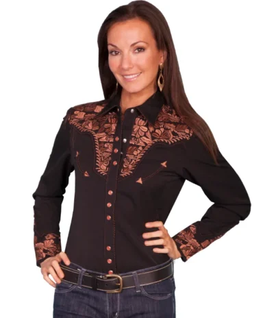 A woman wearing the Big Iron Scully Womens Black Embroidered Western Shirt.
