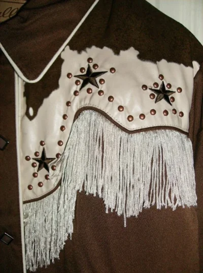 women's brown and white western star cowgirl shirt with fringe and studs