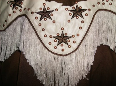 women's brown and white western star cowgirl shirt with fringe and studs