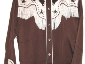 women's brown and white western star cowgirl shirt with fringe and studs