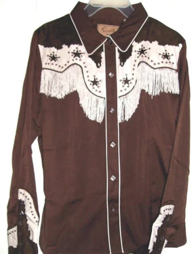 women's brown and white western star cowgirl shirt with fringe and studs