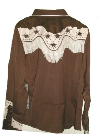 women's brown and white western star cowgirl shirt with fringe and studs