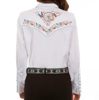 The back of a woman wearing the Scully Women's Embroidered Dream Weaver White Western Shirt with turquoise embroidery.
