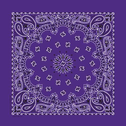 A USA Made Paisley Western bandana in colors on a purple background.