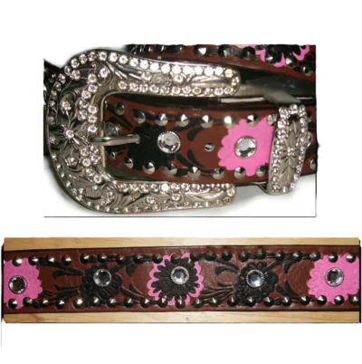 women's brown leather rhinestone western belt with pink flowers