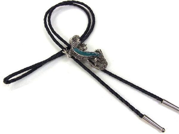 A black and Turquoise Lizard Silver Bolo Tie with a lizard on it.